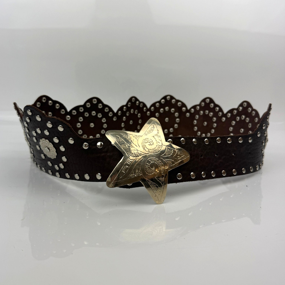 Free People Z & L Europe Solar Myth Leather Stud Belt Black/Silver Star Sz M/L